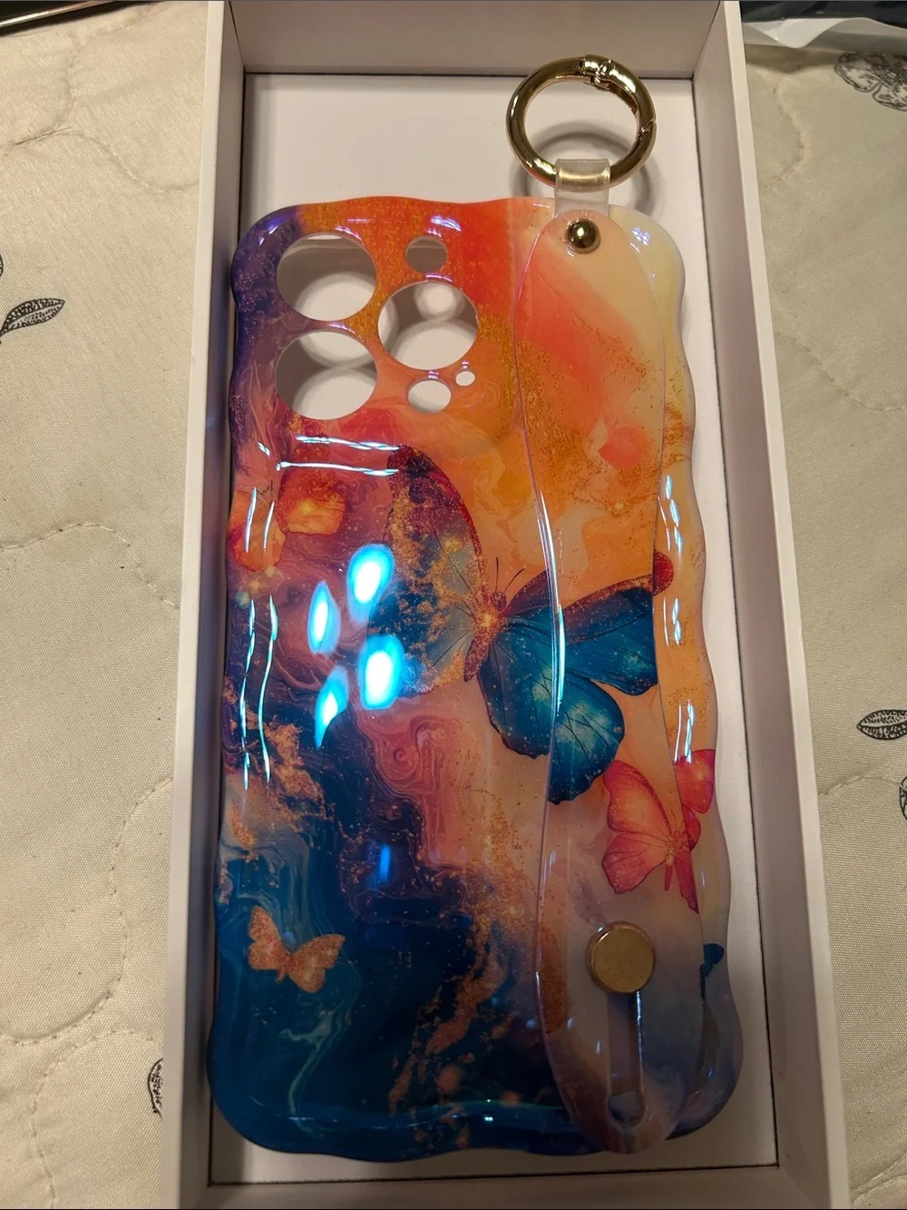 Stylish Blue Pink Butterfly Phone Case with Wrist Strap i phone 13 pro New